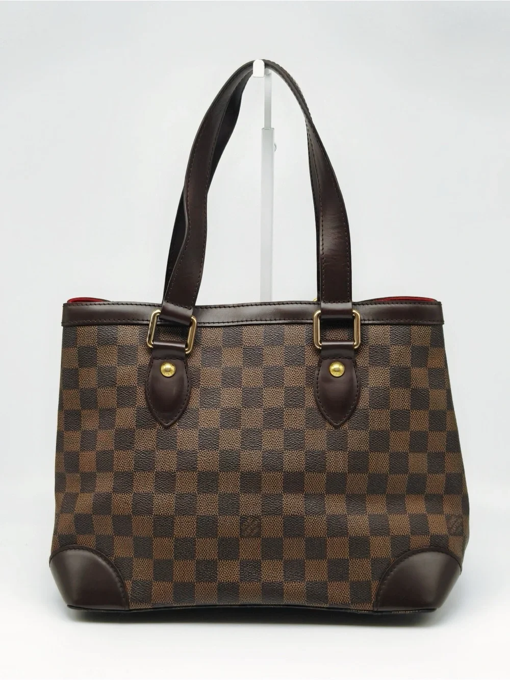 Louis Vuitton Brown Checkered Canvas Tote with Dark Brown Trim and Red Interior